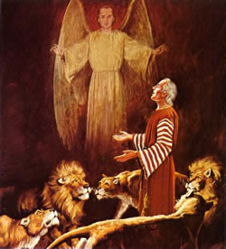 Daniel-en-el-foso-de-los-leones.con el ángel que les sero la boca a los leones